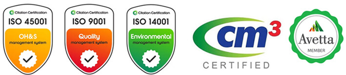 ISO 45001, ISO 9001, ISO 14001, CM3 and Avetta accreditation badges